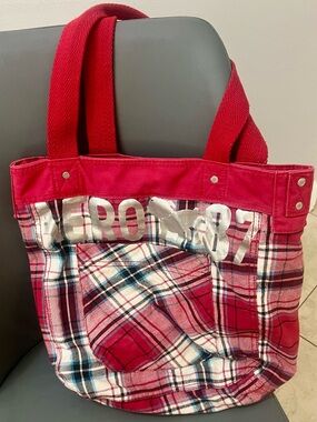 Aeropostale Red Plaid Tote with Silver Logo
